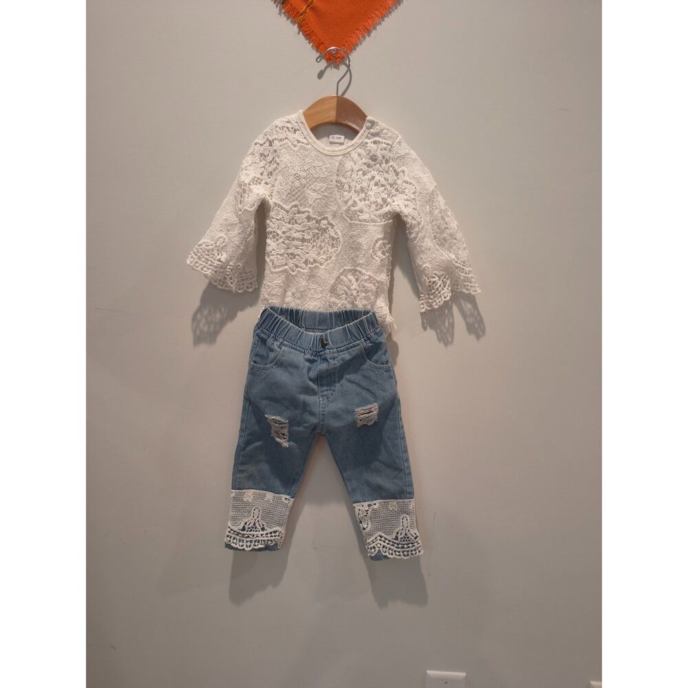 Baby Girl's Stylish Set, Lace Ruffle Romper & Flared Denim Jeans & Headband 3Pcs